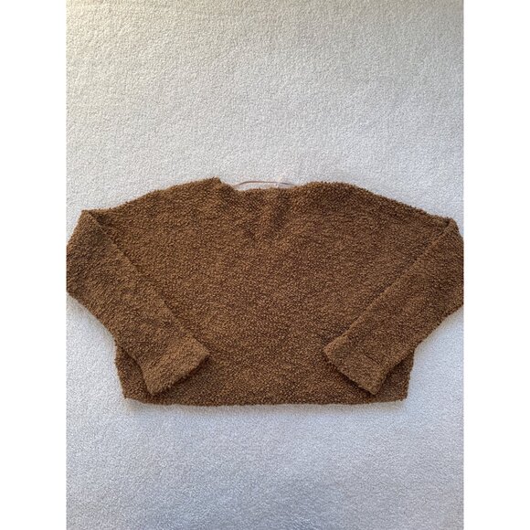 Free People Women's Small Popcorn Cropped Drop Shoulder V-neck Sweater Brown - Picture 7 of 9